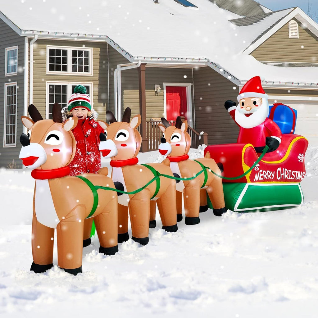 12 Feet Long Christmas Inflatables Santa Claus with Three Reindeer Built-in LED Lights, Blow Up Christmas Outdoor