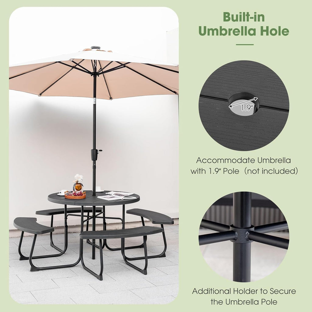 Round Picnic Table for Outdoors, 8 Person Outdoor Picnic Tables & Benches Set with Umbrella Hole, HDPE Tabletop &
