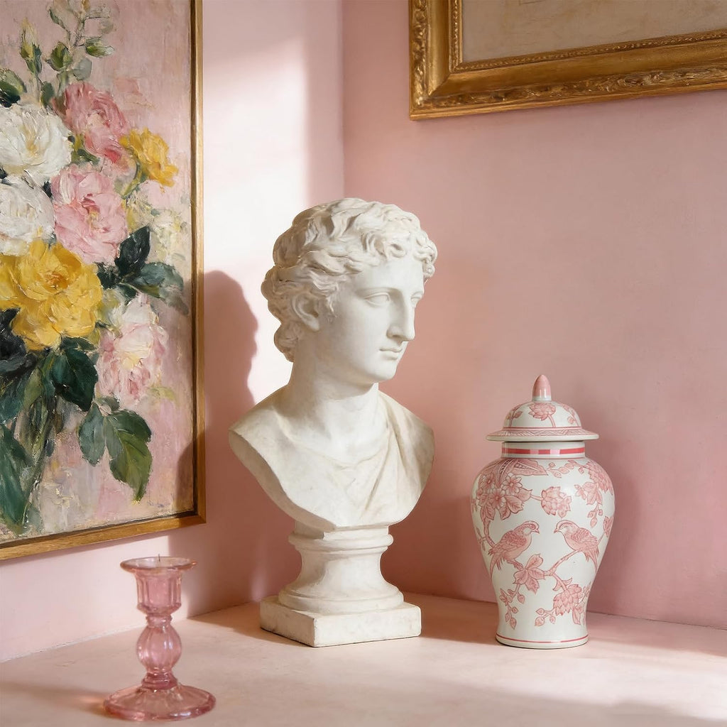 11′′ Pink Ginger Jar with Lid Porcelain Stylized Songbirds Floral Temple Jar
