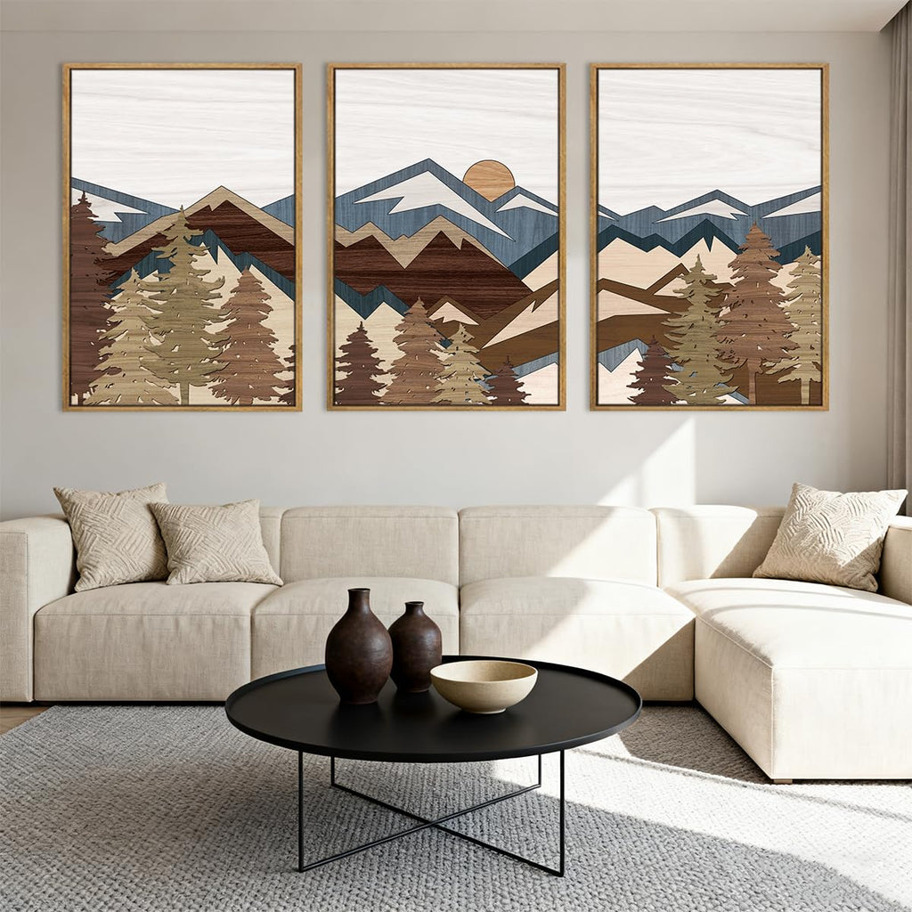 Large Boho Mountain Canvas Framed Wall Art Set of 3 Forest Mountain Sun Wall Decor Boho Artwork Bedroom Office 24x36