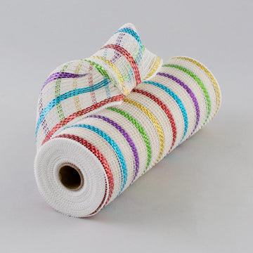 Cotton Poly Deco Mesh, Stripes White, Red, Green, Purple, Blue, Gold - 10 Inches x 10 Yards)