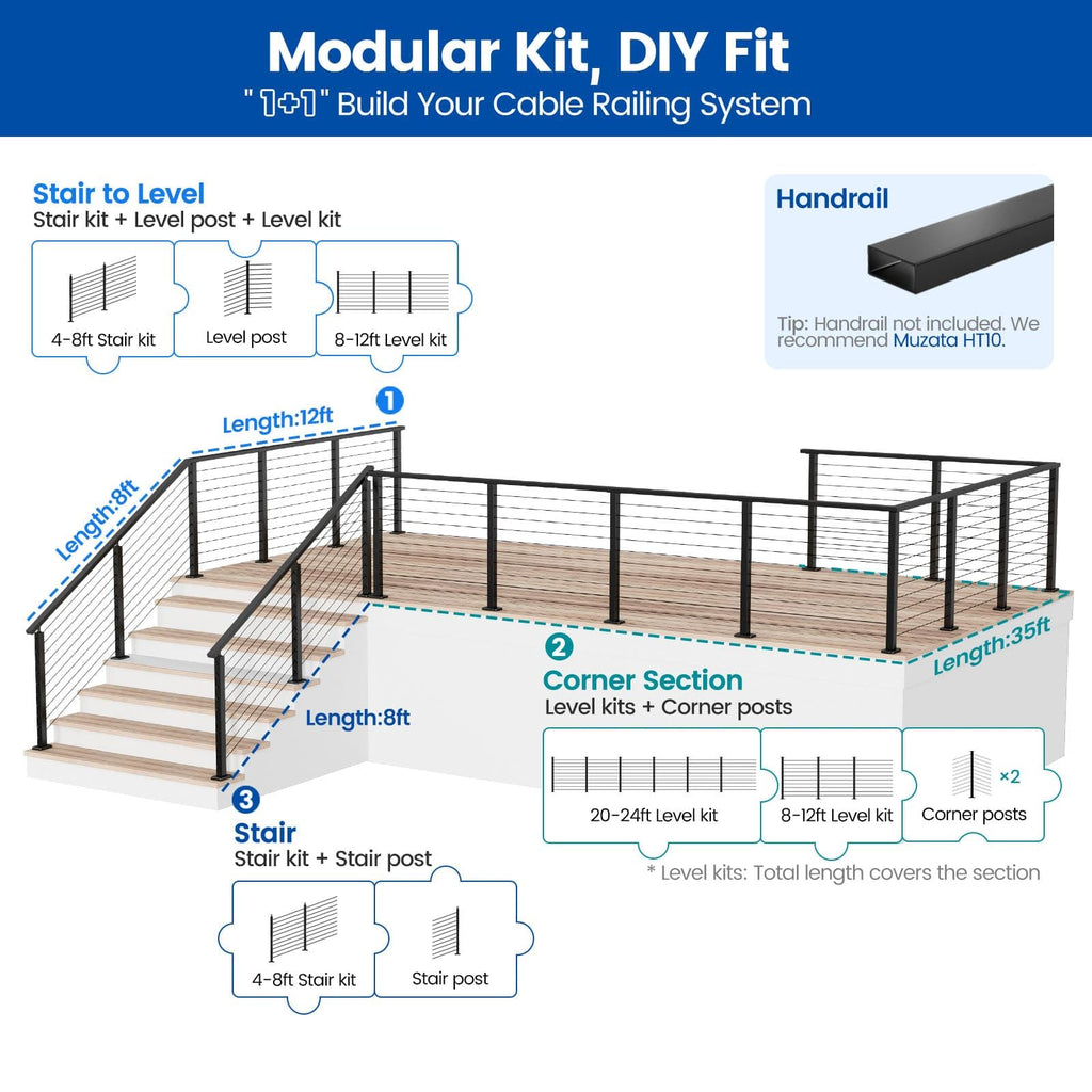 4-8ft Modular Cable Railing Kit for Deck Surface Mount 36in RW17