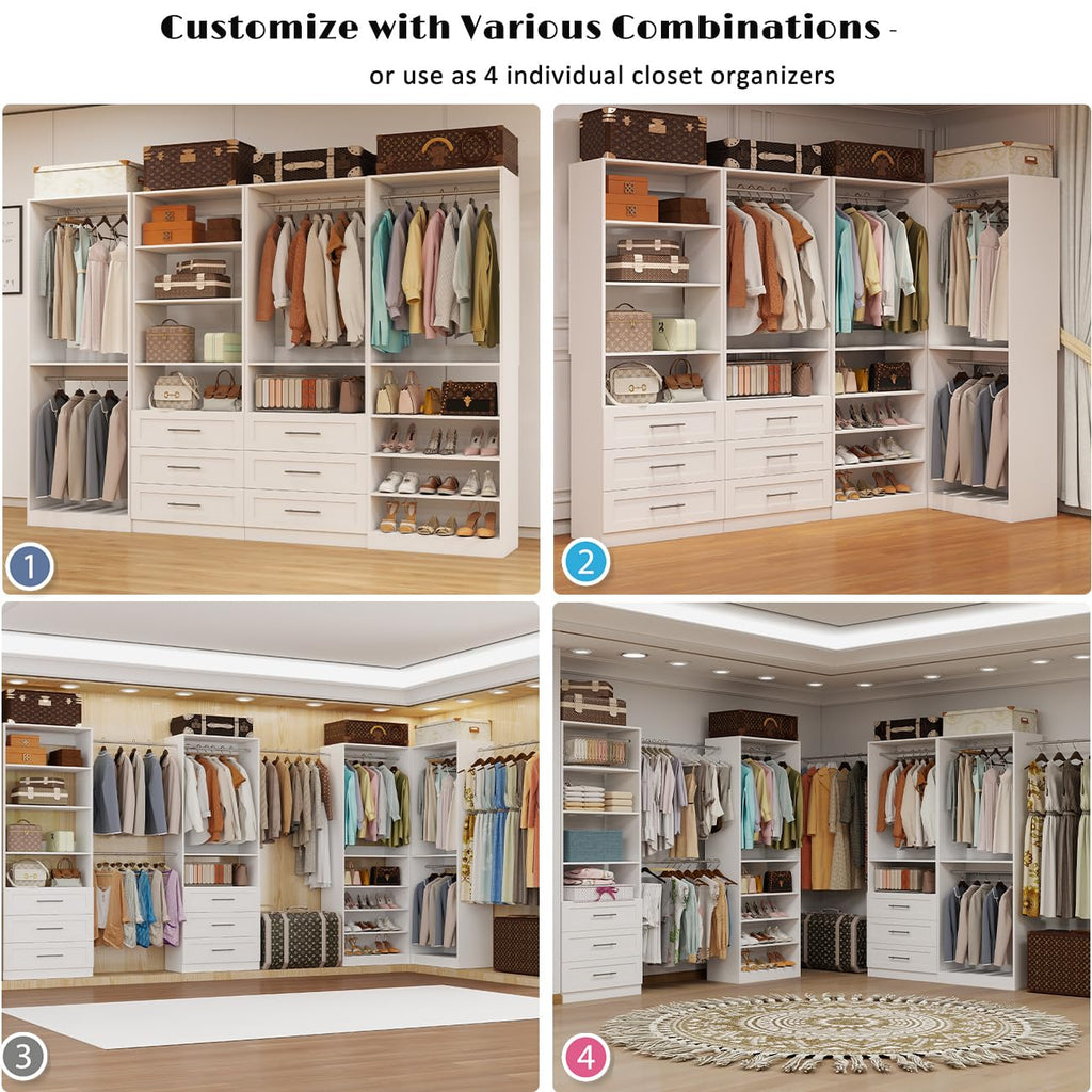 Closet System with 4 Sets, 8-21FT Closet Organizer Systems with 6 Drawers & 8 Hanging Rods & Adjustable Shelves, Walk