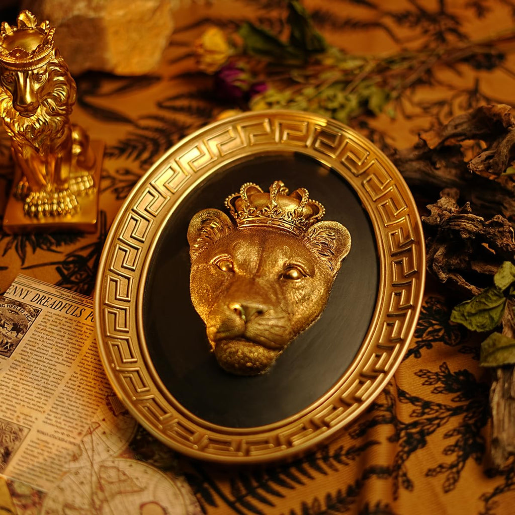 Vintage Wall Sculpture, Retro Gold Lioness Head Oval Framed Wall Art, Antique Wall Decor, Gothic Hanging Decoration