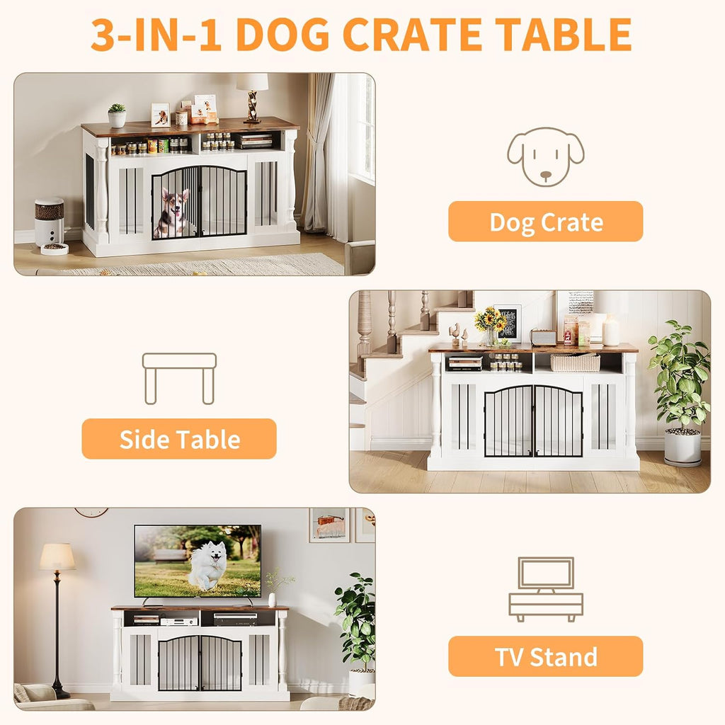 63 Inch Double Dog Crate TV Stand, Heavy Duty Wooden Dog Crate Furniture for 2 Dogs, Dog Kennel Indoor Furniture
