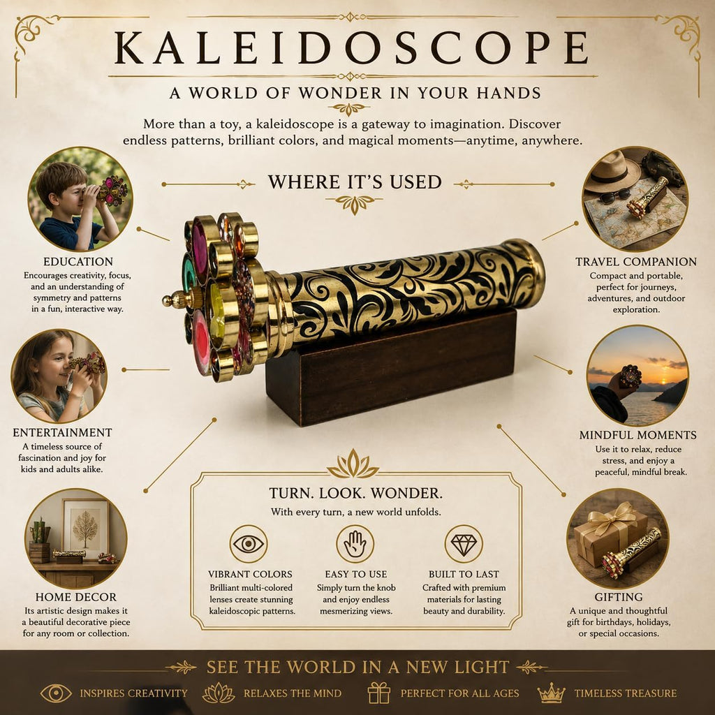 Handcrafted Etched Lacquered Brass Kaleidoscope | Floral Engraved with Dual Separate Turning Wheels | Vintage