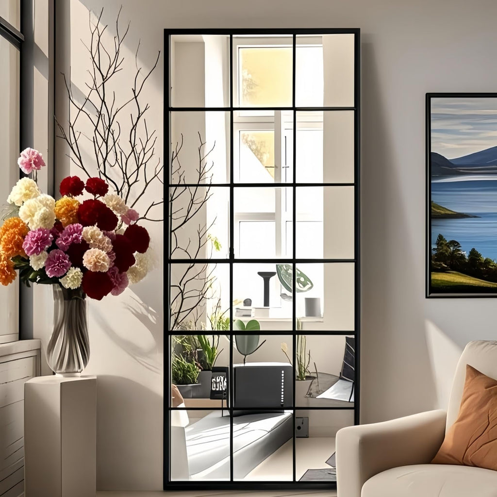 Windowpane Full Length Mirror, 65"x 24" Floor Standing Mirror, Black
