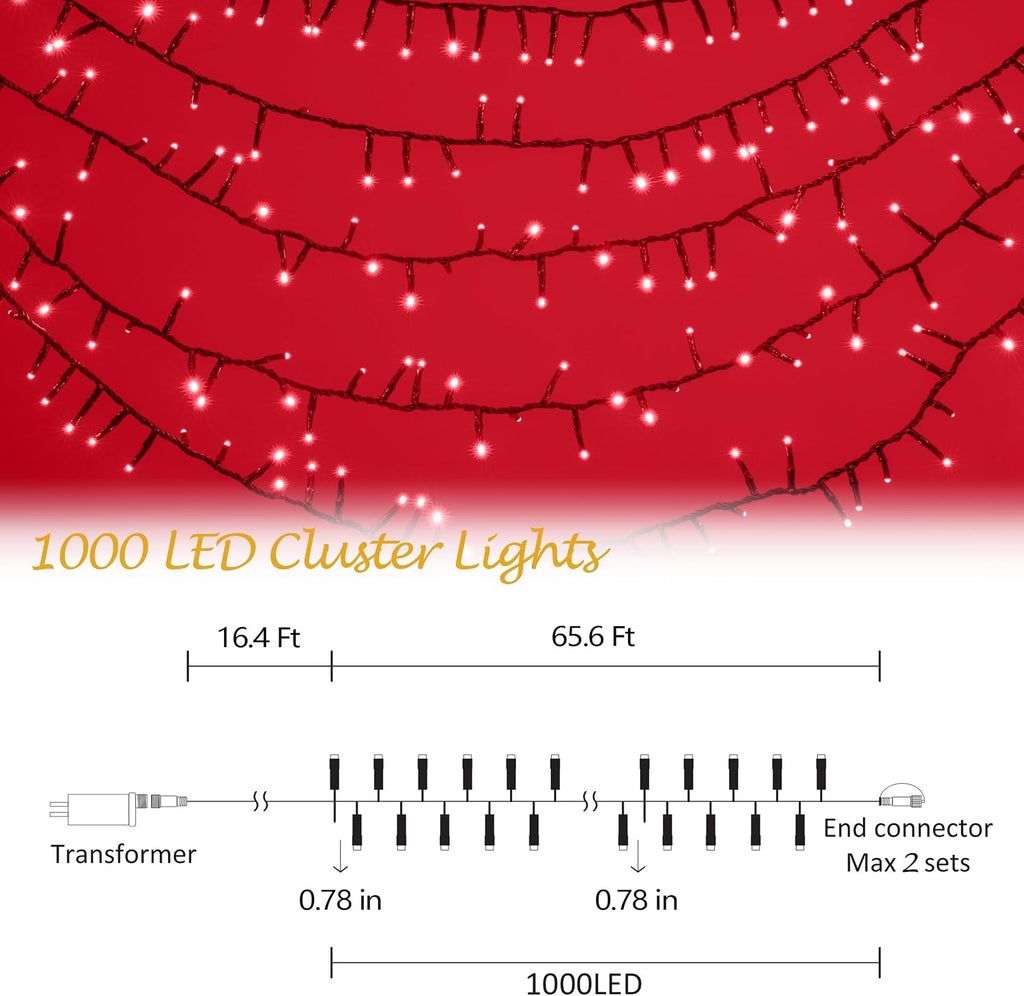 82FT 1000 LED Christmas Cluster Light 8 Modes String Lights Red