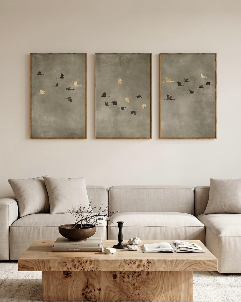 Extra Large Framed Canvas Wall Art, Living Room Minimalist Abstract Neutral Decor, Sage Green, 3 Pcs Flying Birds