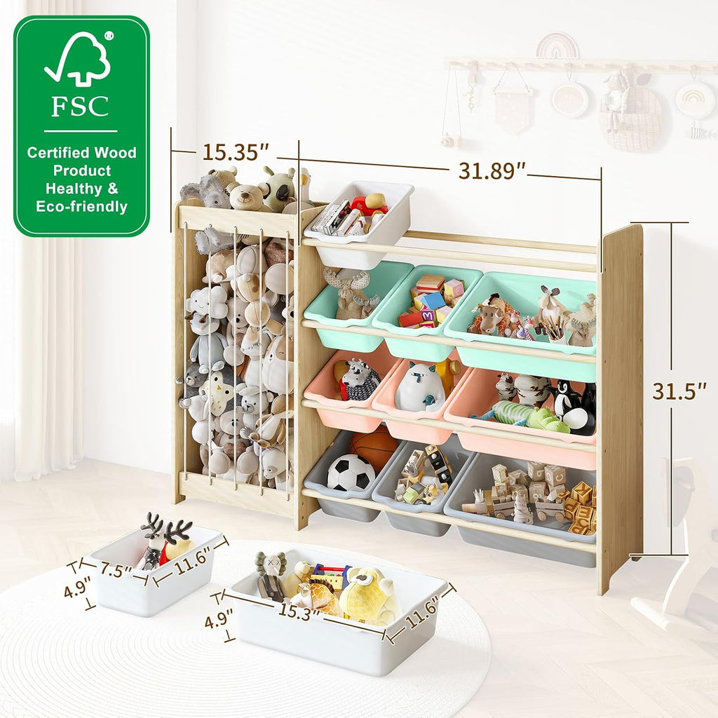 Kids Toy Storage Organizer, 2-in-1 Stuffed Animal Storage & Toy Organizer w/12 Bins, Solid Wood Toy Rack Featuring