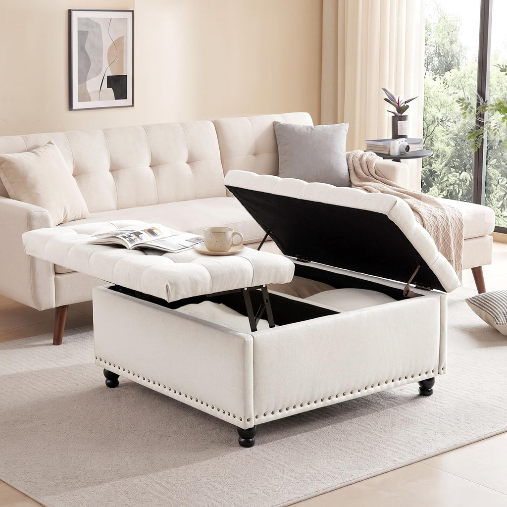 35.5 Inch Large Square Ottoman with Storage, Lift Top, Beige