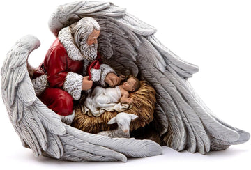 Santa Claus with Baby Jesus Sheltered By Guardian Angel Wings 12.25 x 7.75 x 5 Inches, Durable Resin Stone