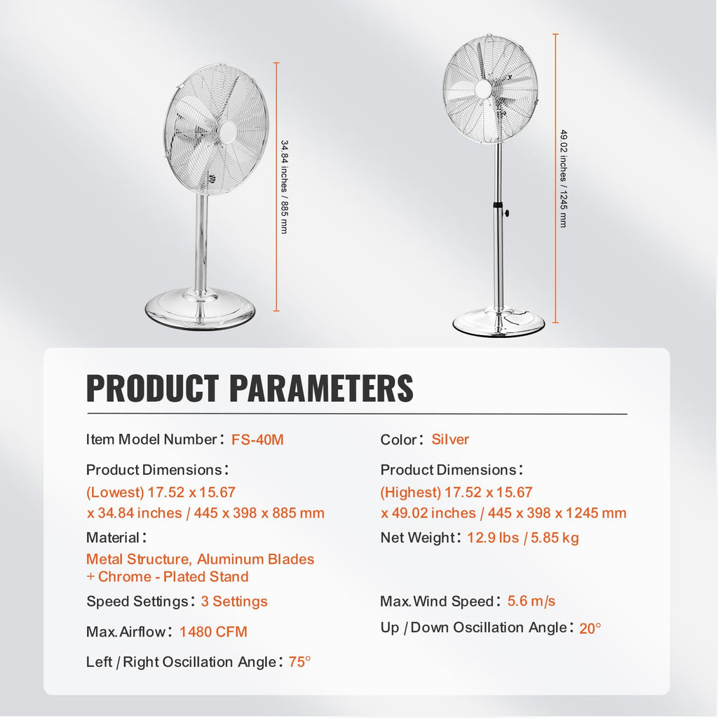Industrial Pedestal Fan, 16 Inch 75-Degree Oscillating Fan, Height Adjustable Standing Fans with 3 Adjustable Speeds