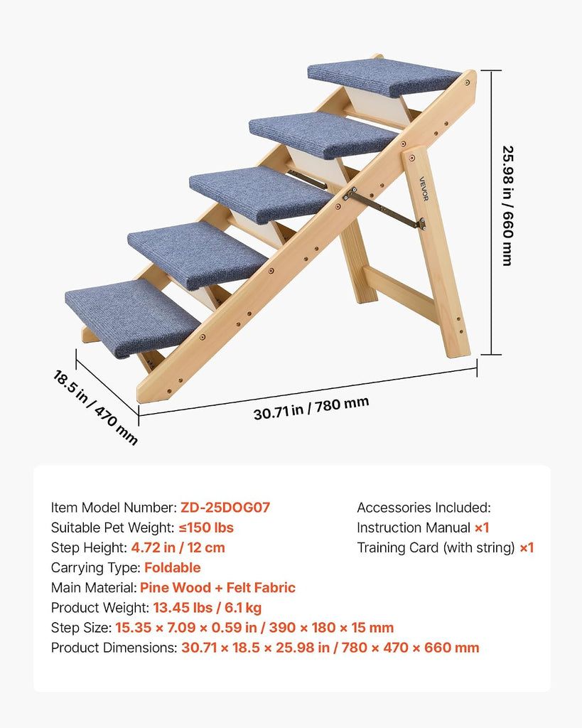 Wood Pet Stairs, 5-Step Dog Stairs for Beds, Sofa & Cars, 150lbs Load Capacity, Floded Flat Design, Stable & Sturdy