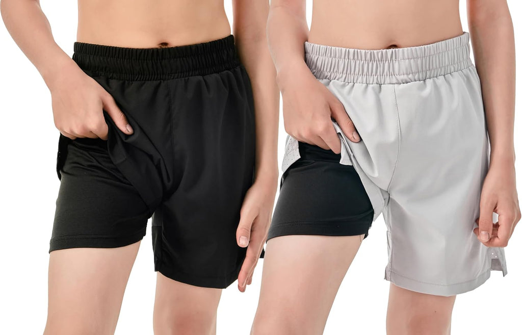 2 Pack Boys Box Brief Liner Compression Zipper Pocket Shorts Kids Quick Dry Active Sports Shorts with Reflective Strip