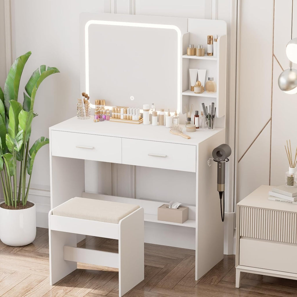 Makeup Vanity Desk with Lighted Mirror and Charging Station, White Vanity Table Set with Stool, 2 Drawers, 2 Shelves
