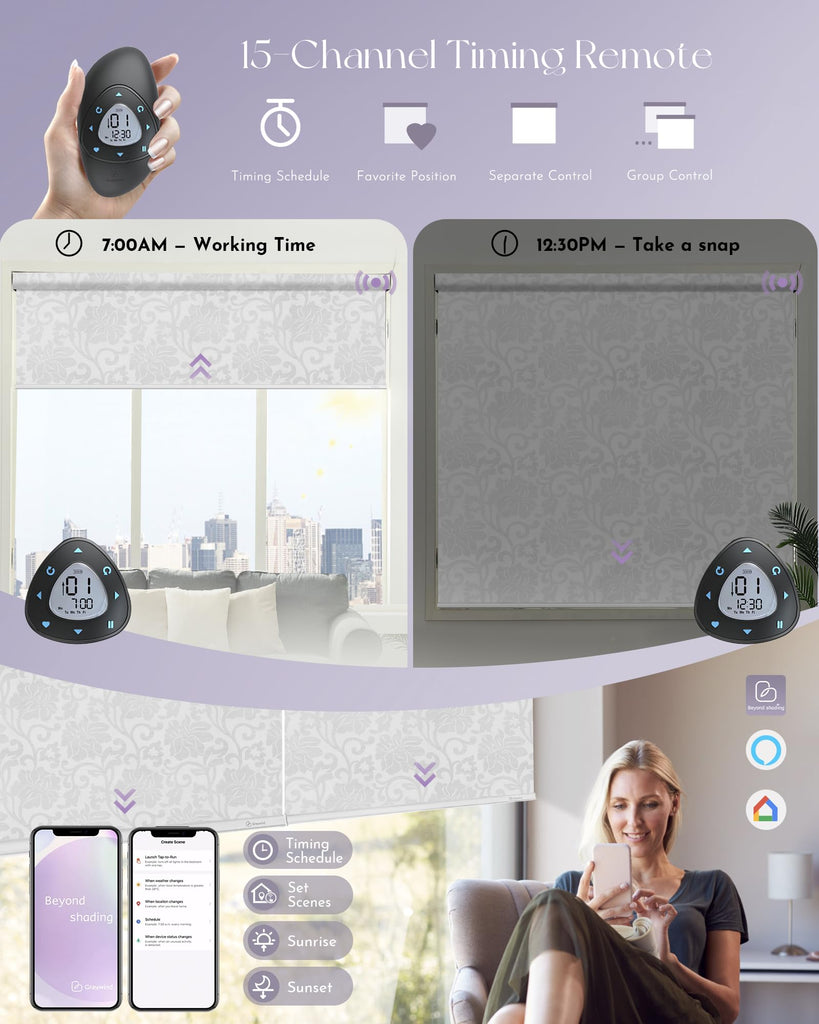 Smart Blackout Roller Shades Work with Alexa Google Patterned Textured Fabric Rechargeable Motorized Blinds Cordless
