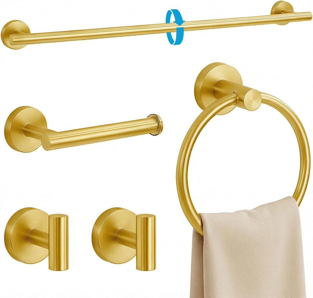 5 Piece Brushed Gold Bathroom Hardware Set, 24 Inch Bathroom Hardware Set Towel Racks , SUS304 Stainless Steel Wall