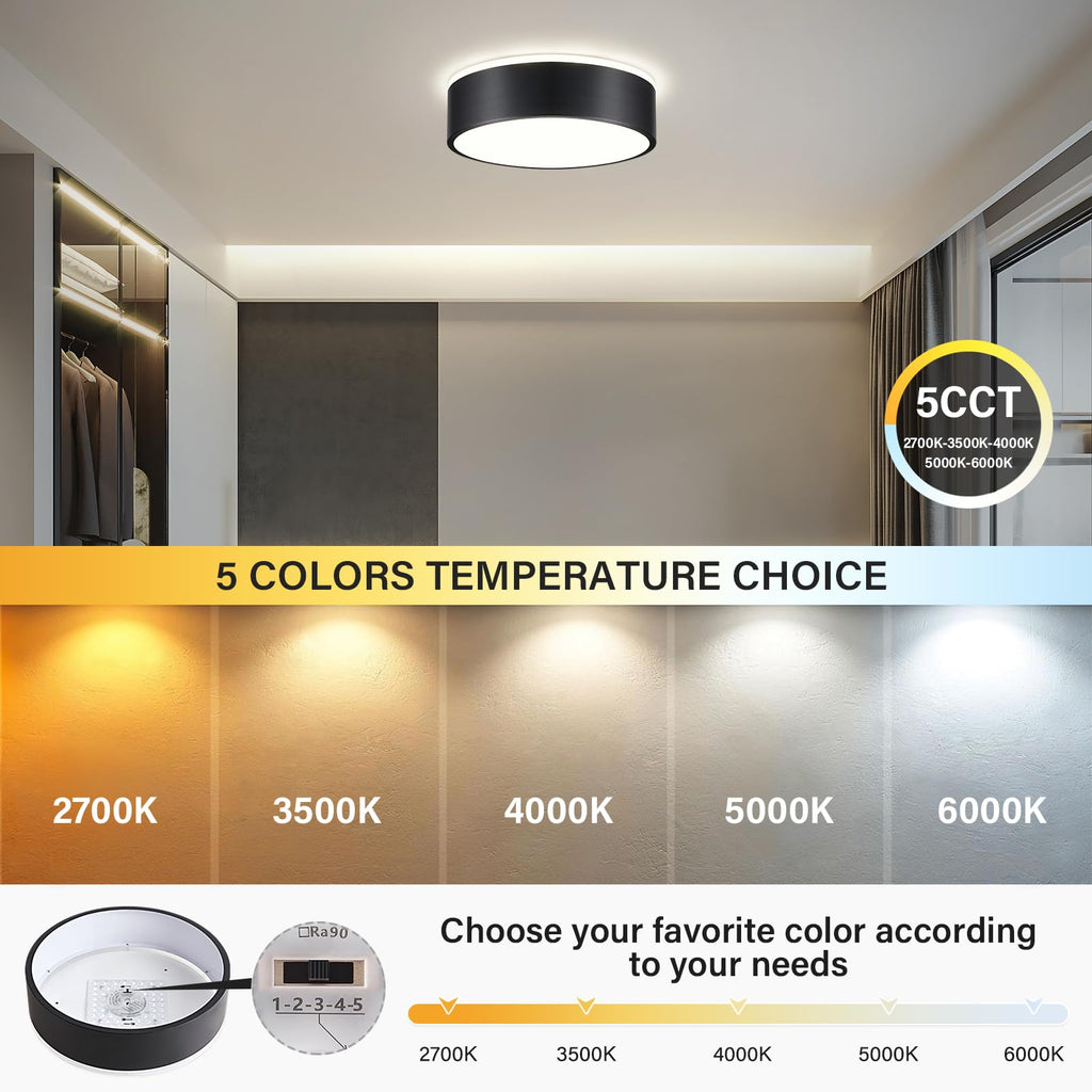 Dimmable LED Flush Mount Ceiling Light Fixture, Modern Black Round Ceiling Light, 5CCT Metal Lighting