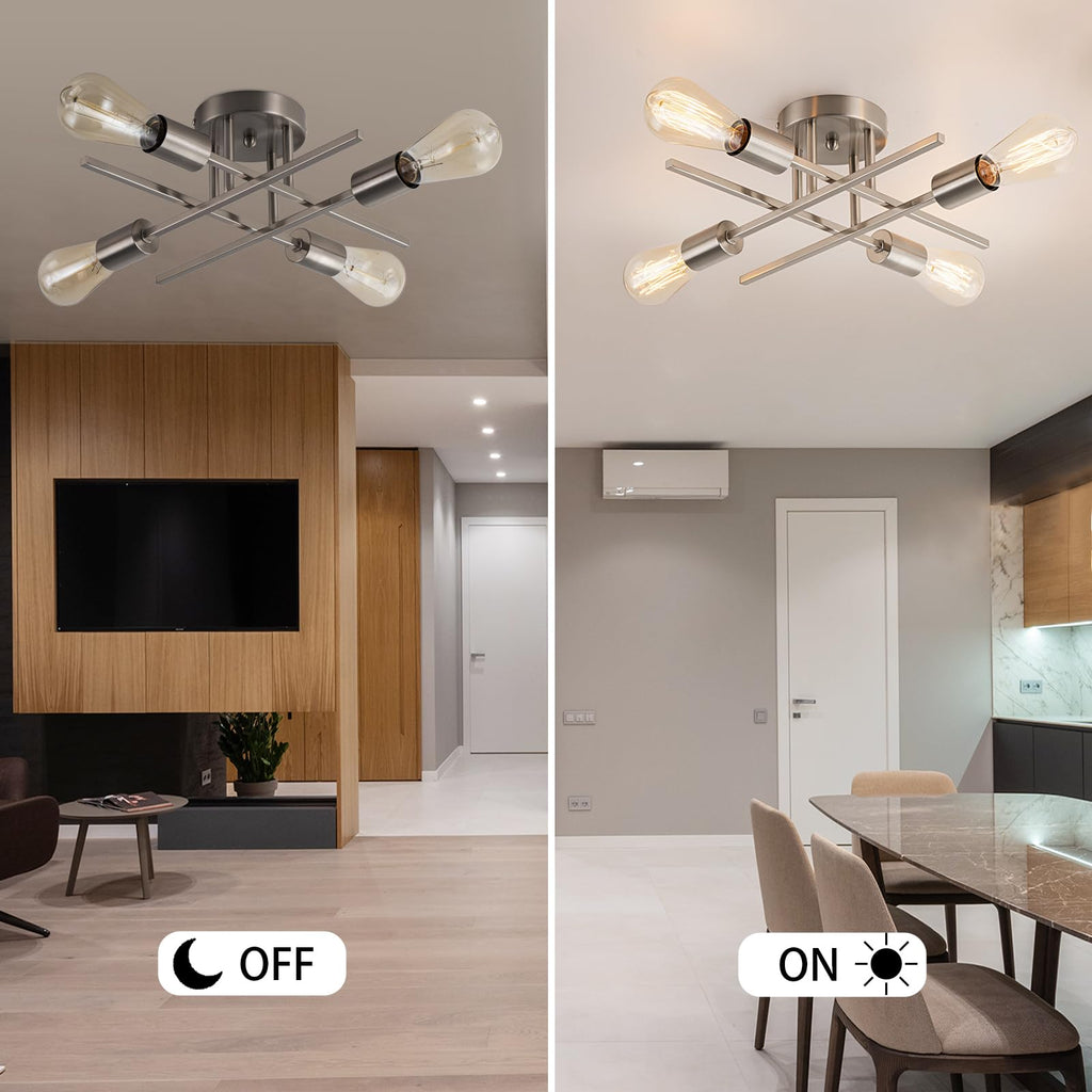 4-Light Modern Sputnik Chandeliers, Silver Mid Century Semi Flush Mount Ceiling Light Fixtures with E26 Base