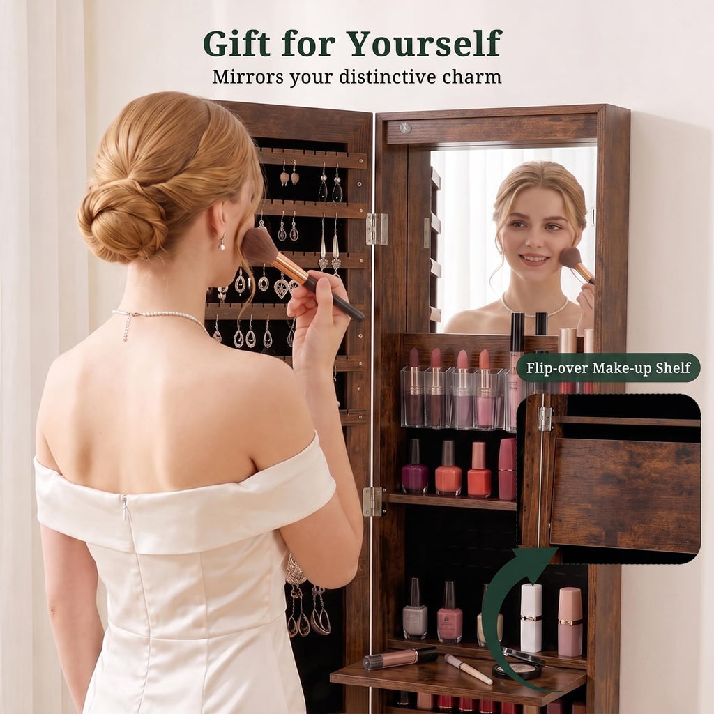 360° Swivel Jewelry Armoire Cabinet with Full Length Mirror, Lockable Jewelry Organizer with 6 LED Vanity Mirror, 3