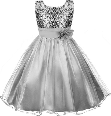 Girls Dress Sequin Mesh Flower Ball Gown Party Wedding Tulle Ruffle Dress Purple