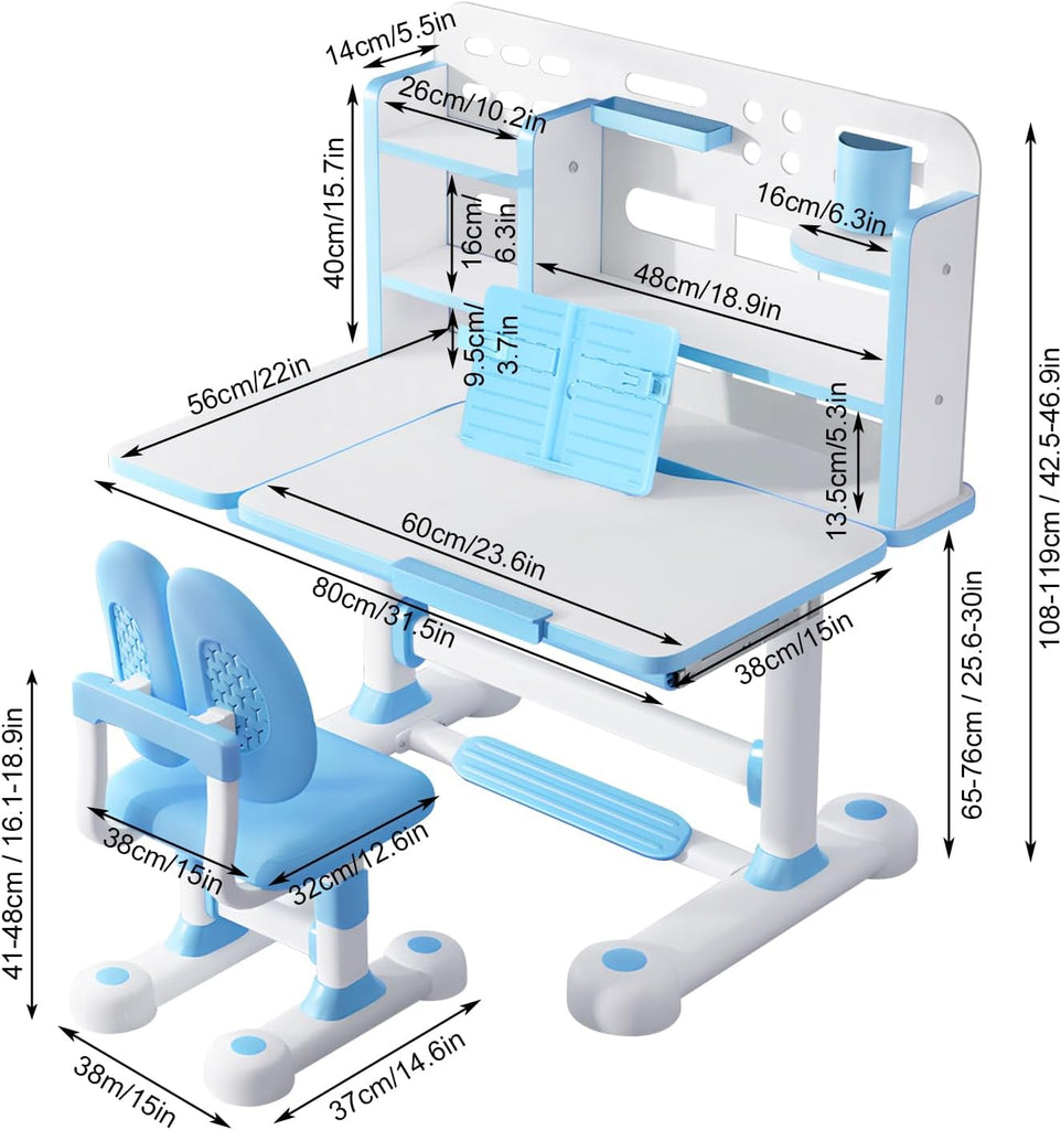 Kids Desk and Chair Set, Height Adjustable Kids Study Table with Widened Tabletop,Tiltable Reading Stand, Spine