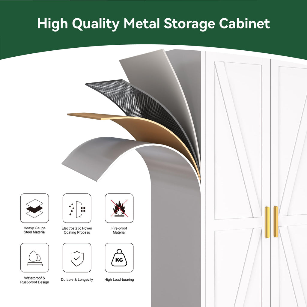 Metal Wardrobe Closet with Doors and Shelves, 71" Farmhouse Bedroom Armoire with Hanger Rod and Clothing Shelf, White