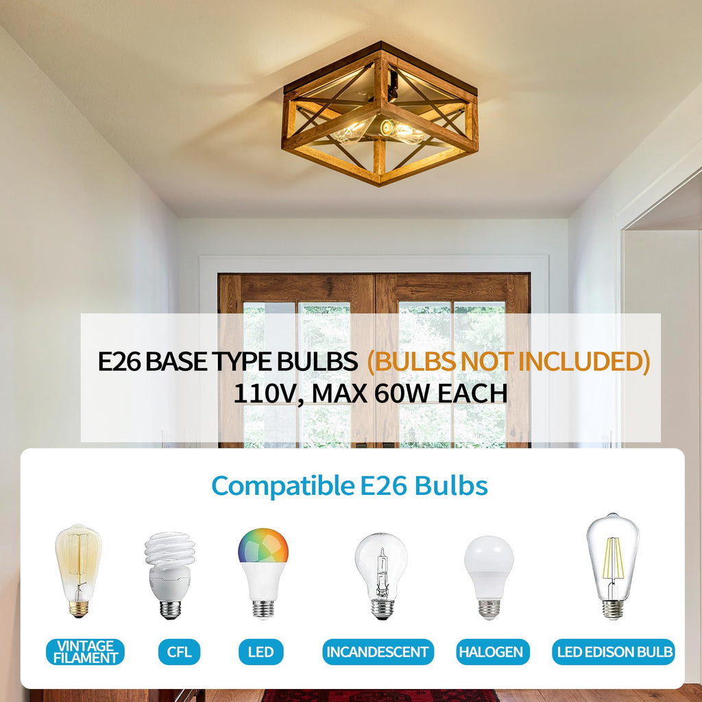 Farmhouse Ceiling Light, 2-Light Wood Ceiling Light
