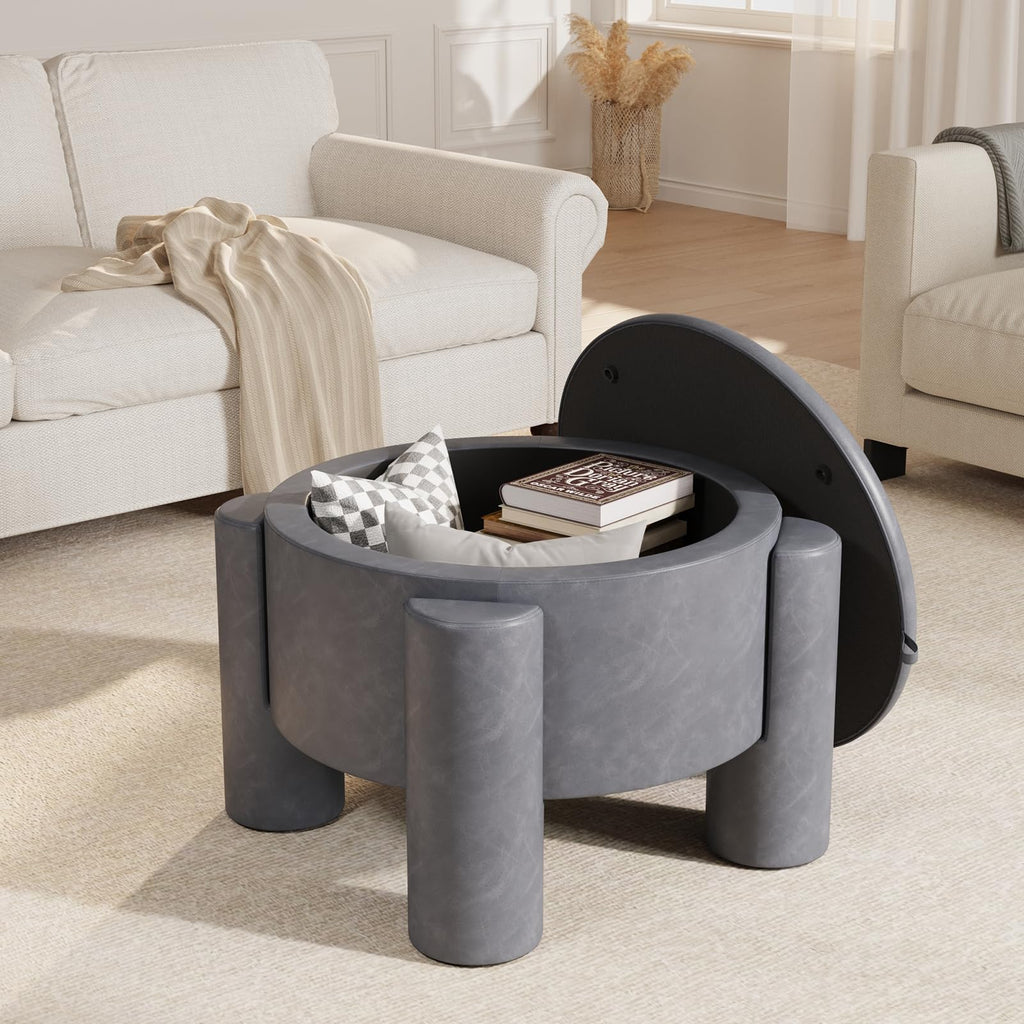 24 Inch Round Small Ottoman with Storage, Faux Leather