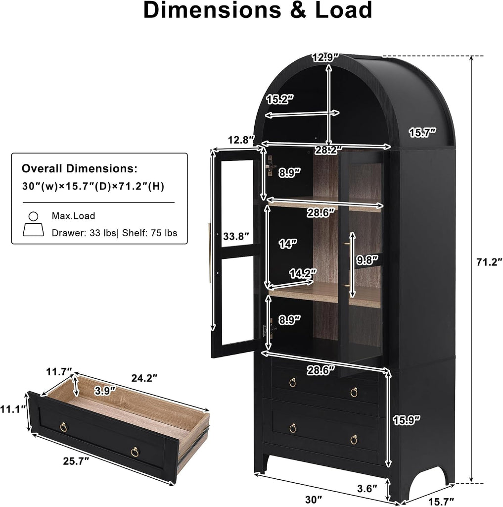 Arched Curio Cabinet with Glass Doors 4 Tier Display Cabinet with 2 Dr