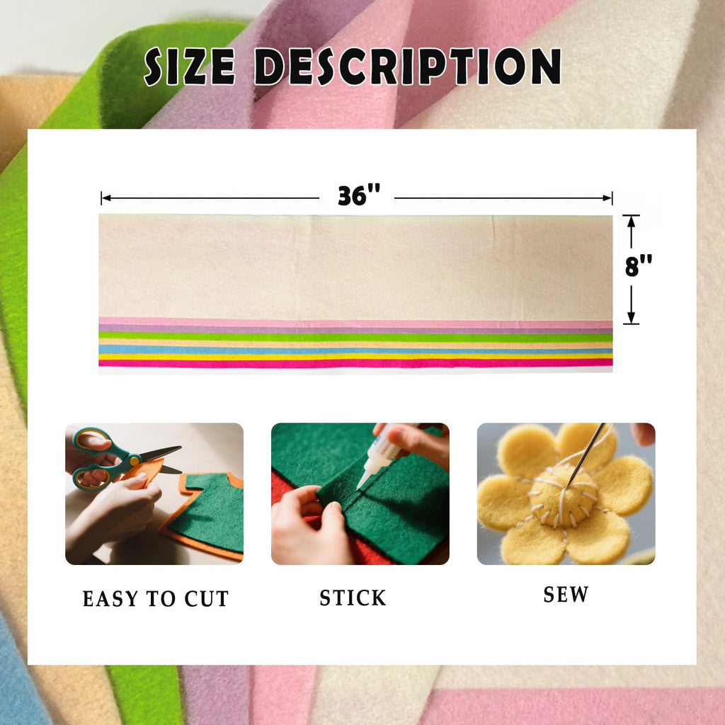Pastel 8 Assorted Soft Felt Sheets Fabric, Each 8'' x 36'' 1.6mm Thick