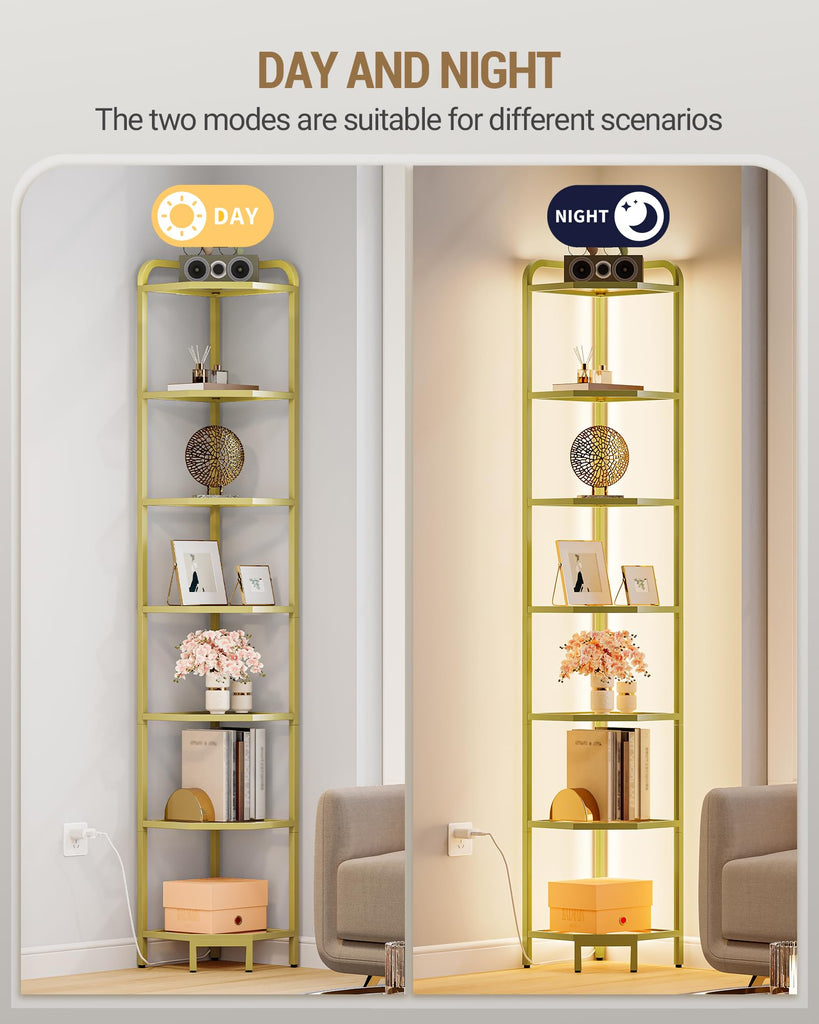 Corner Shelf with LED Lighting, 7-Tier Glass Bookshelf