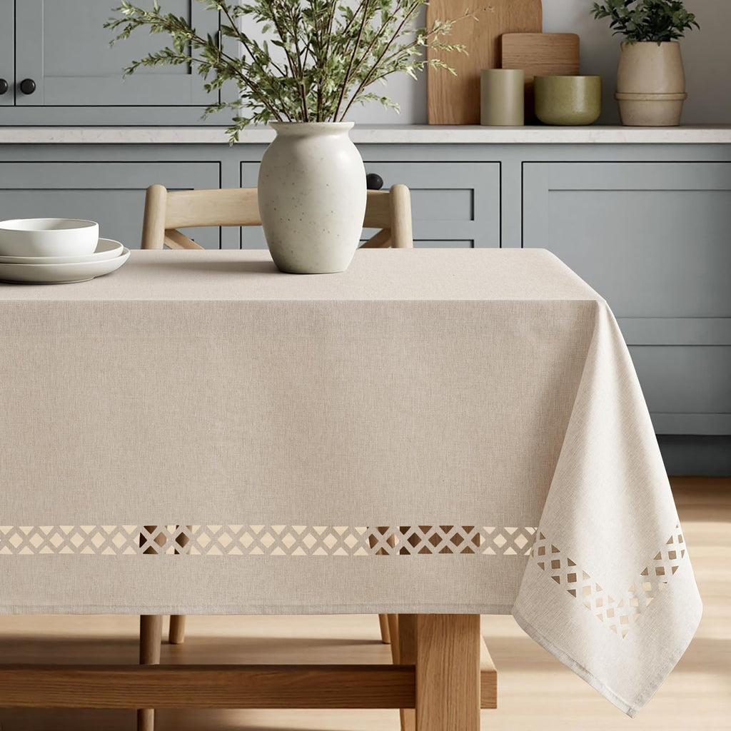 Beige Rectangle Tablecloth with Decorative Cutouts 60x84 Inch