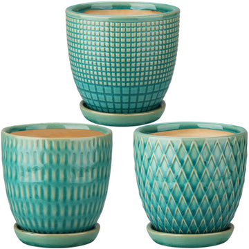 4 inches Ceramic Planters Pots for Indoor Plants 3 Set of Small Round Flower Pots with Drainage Hole and Ceramic Tray