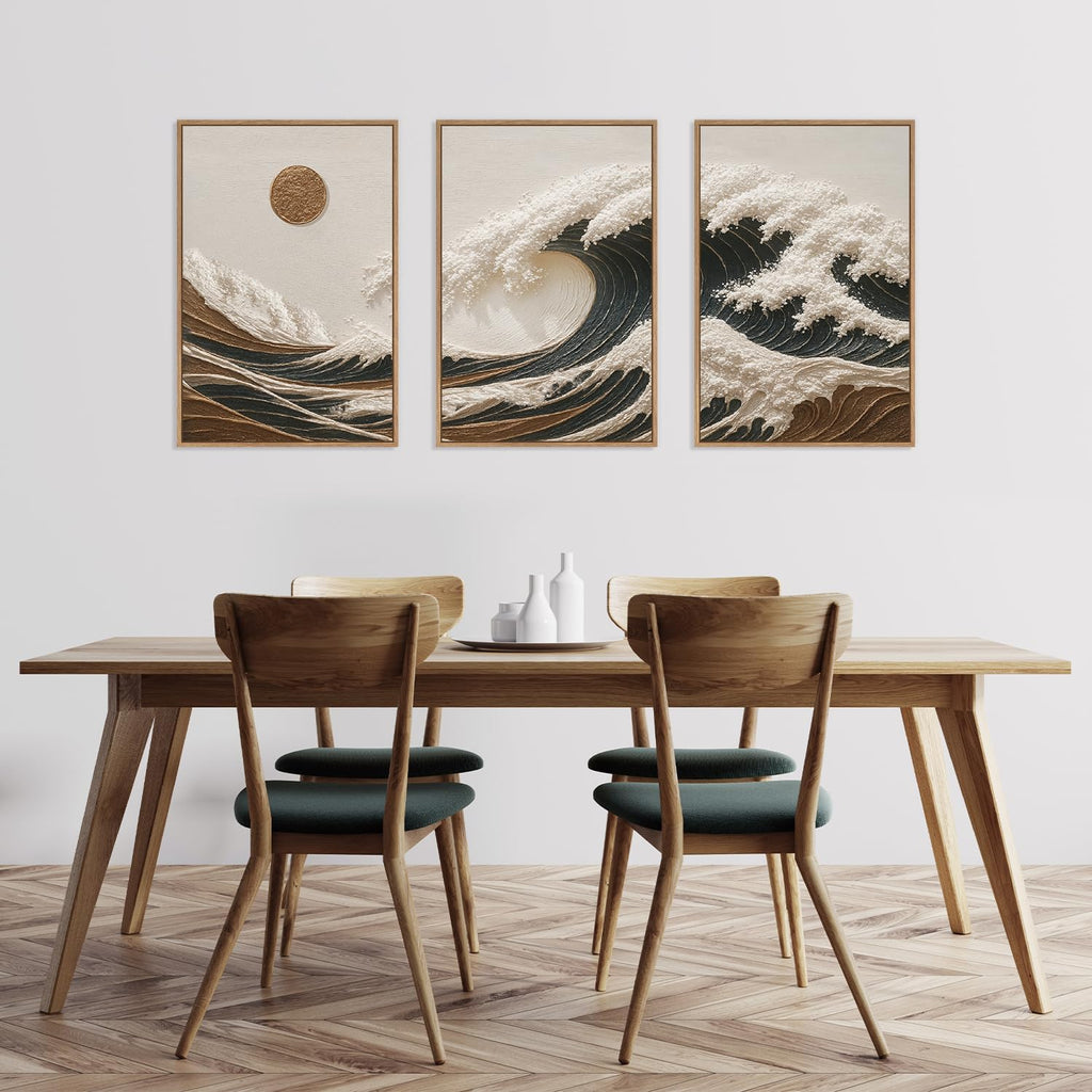 Sea Wave Framed Canvas Wall Art, Abstract Sun Seascape Wall Decor Set of 3(16"x24") Large Modern Ocean Beach Art