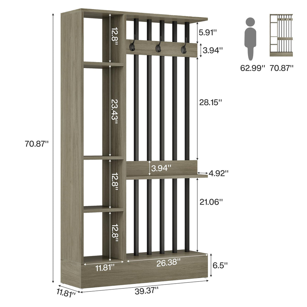 Wall Room Divider, Wood Freestanding Room Divider Bookcase with Shelves & Coat Hooks, 71" Modern Wall Partition