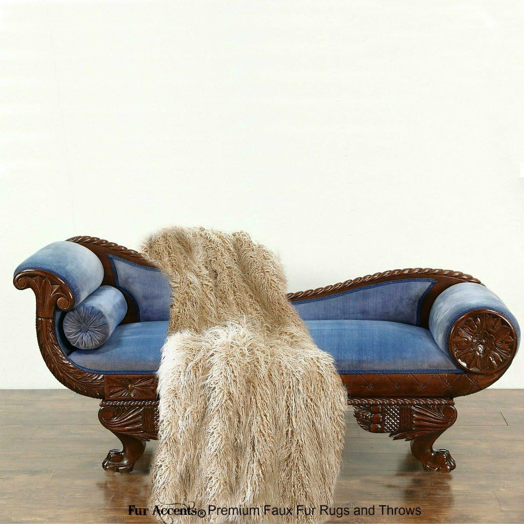Luxury Faux Fur Throw Blanket - Natural Beige Mongolian Shag Long Hair Llama Sheepskin USA (3'x5')