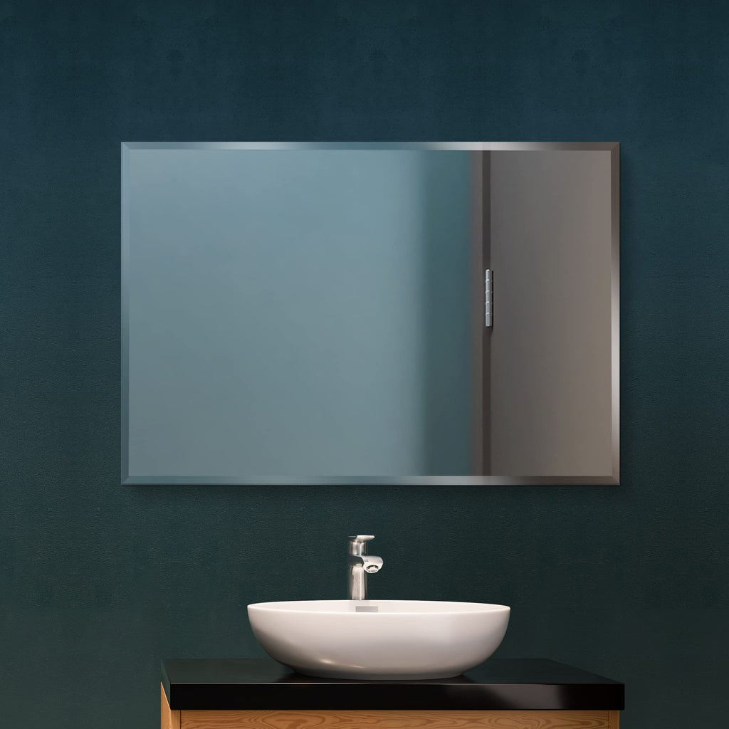 30" x 40" Inch Rectangle Beveled Polished Frameless Wall Mirror with Hooks by (MRec30x40BE6MM)