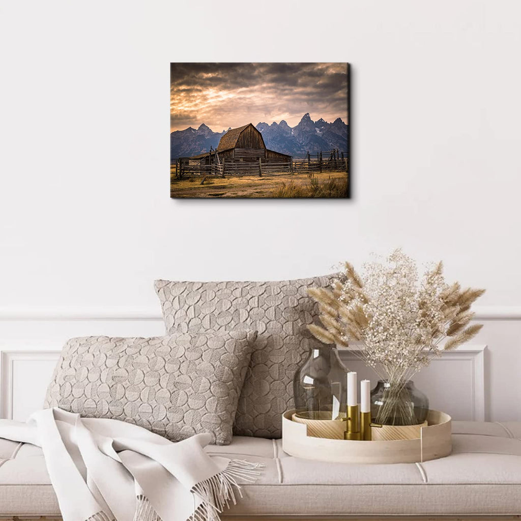 Grand Teton National Park Canvas Wall Art Sunset Moulton Barn Landscape Wall Decor, Wyoming Nature Mountains Scenery