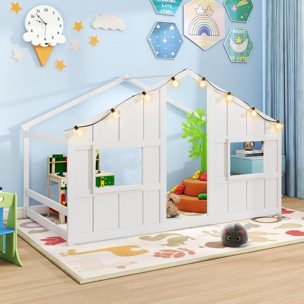 Twin Kids House Bed with Light Bulbs, Wooden Montessori Floor Bed Frame with Roof & Windows, Twin Floor Bed for Kids