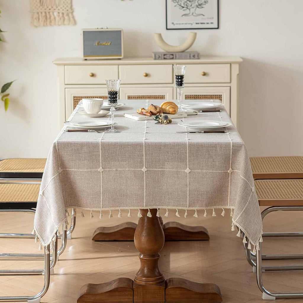 Rectangle Tablecloth Boho Grid with Tassels 55 x 84 Inch, Light Tan Embroidered Table Cloth Cover He