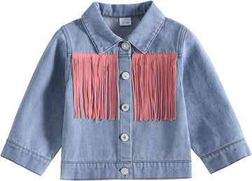 Girl Jean Jacket Tassels Long Sleeve Button Denim Coat