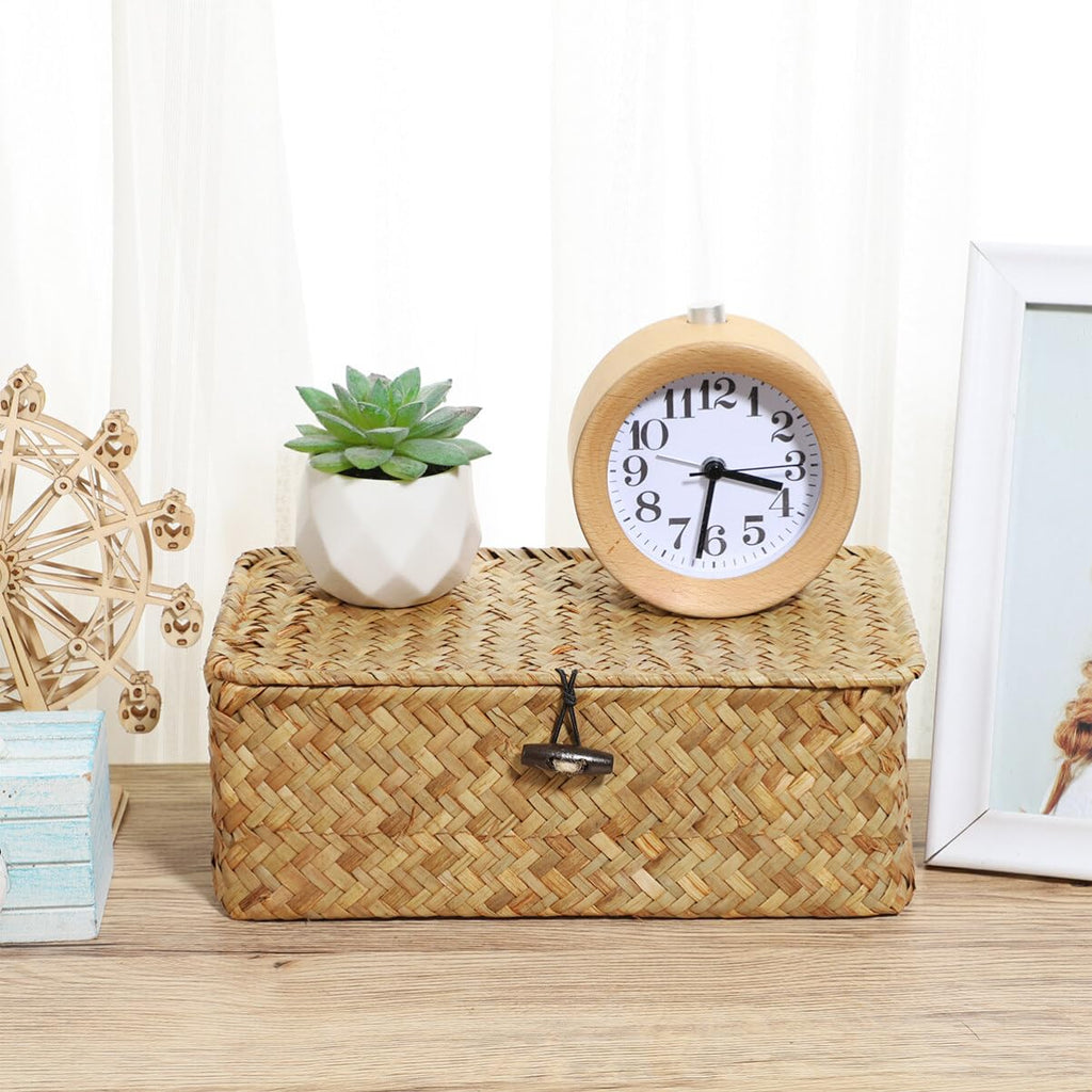 Woven Storage Box Wicker Storage Bins with Lid Seagrass Basket Desktop Hand- Woven Box Shelf Organizer