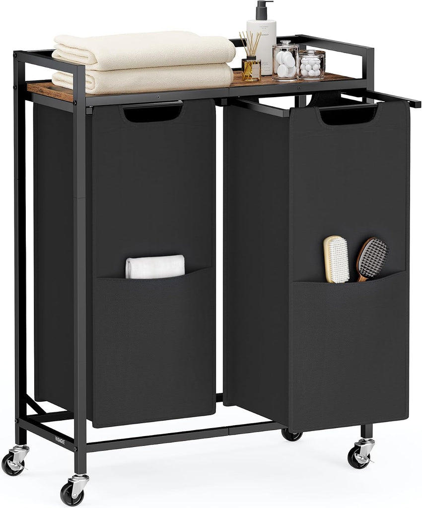 Laundry Sorter, 29 Gal. (110 L) Laundry Hamper Basket with 2 Compartments, Rolling Cart with Wheels, Shelf, Removable