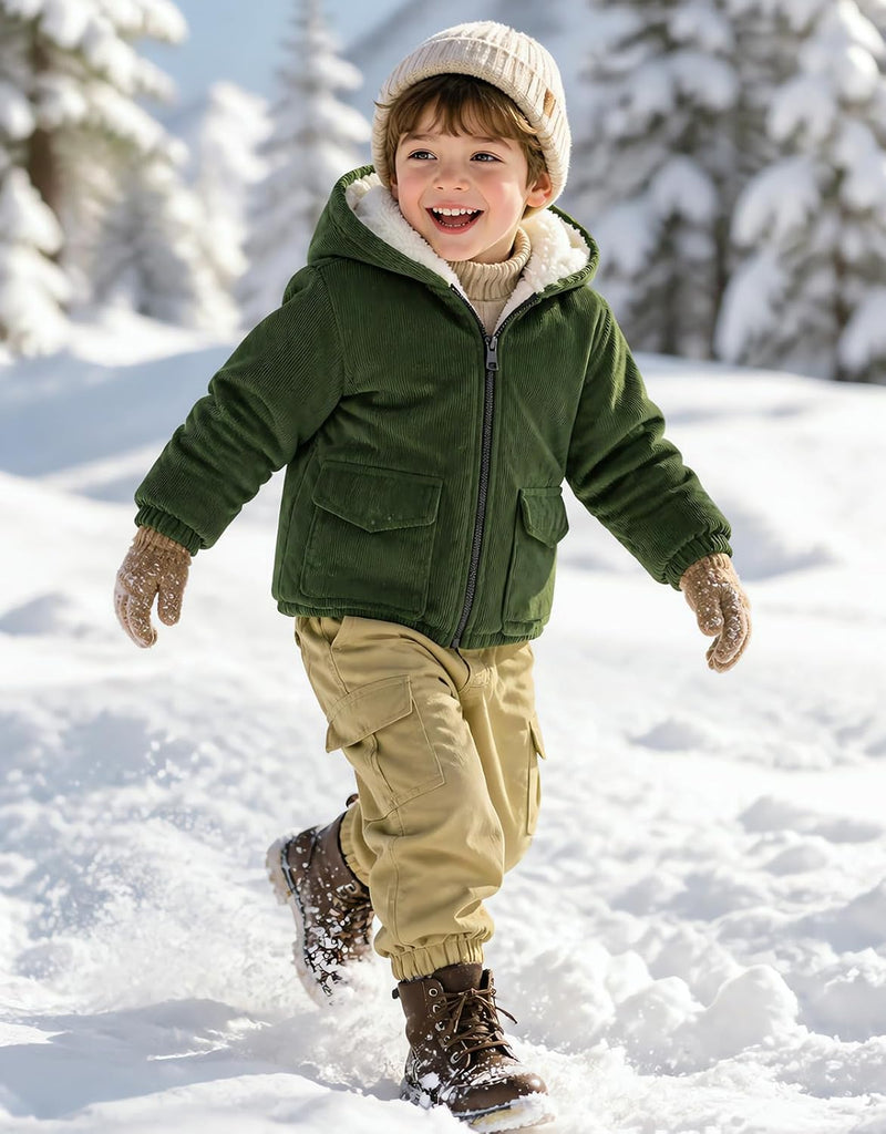 Boy Corduroy Jacket Hooded Zip-up Coat Winter Outwear