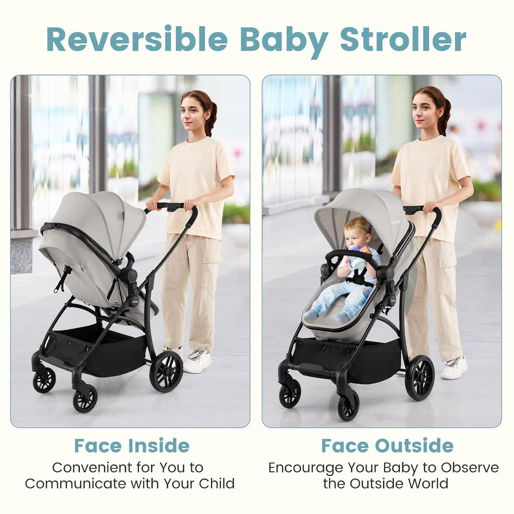 2 in 1 Baby Stroller, Convertible Stroller with Bassinet Reversible Seat Adjustable Backrest Canopy One Hand Fold