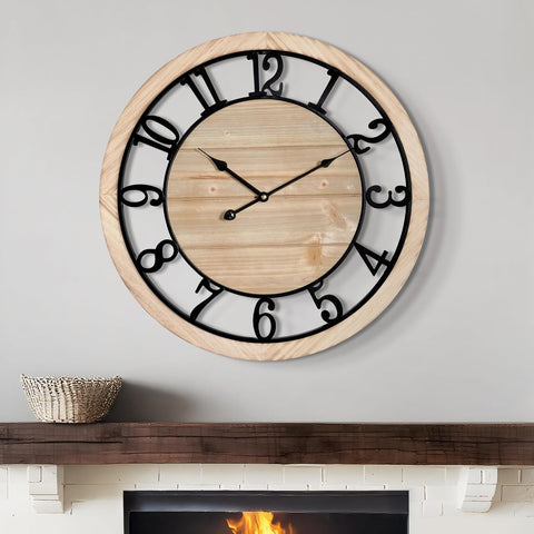 LEIKE 20 Inch Large Wall Clock - Rustic Wooden Silent Non-Ticking Wall Clock with Black Metal Frame