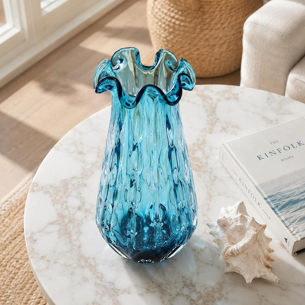 16.7" H Turquoise Glass Vase, Hand Blown Wide Mouth Teal Blue Glass, Murano Style Modern Art, Art Deco Contemporary