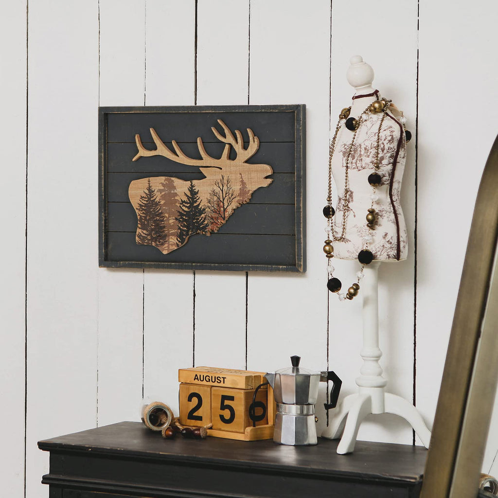 Cabin Wall Decor, Decorative Moose Wood Framed Forest Mountain Woodland Wildlife Lodge Deer Animal Picture Art Print